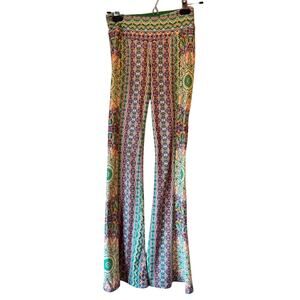 Wolven Green Pink Fauna Flare Leggings Womens XS Hippie Printed Yoga Mandala